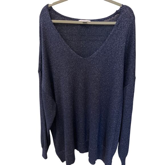 Liz Claiborne Navy Blue Metallic Sparkle V Neck Pullover Sweater Women's Size 4X - Picture 1 of 4